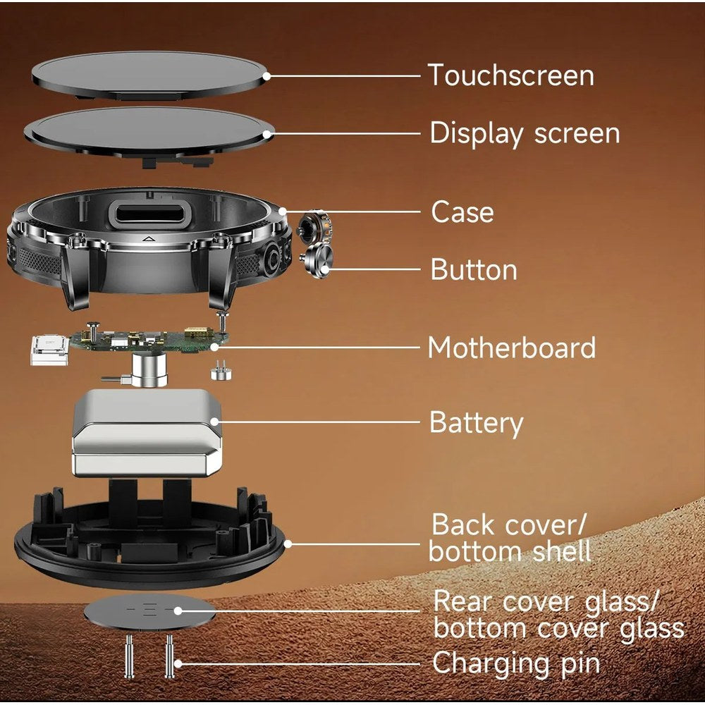 AK106 exploded view: touchscreen, display, case, buttons, motherboard, battery, back shell and charging pins