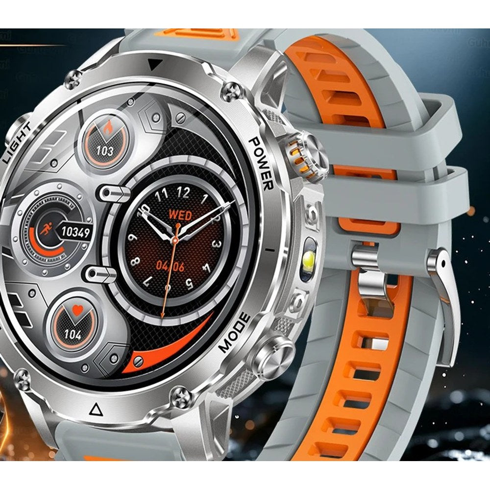 AK106 smartwatch with a grey silicone strap lined in orange