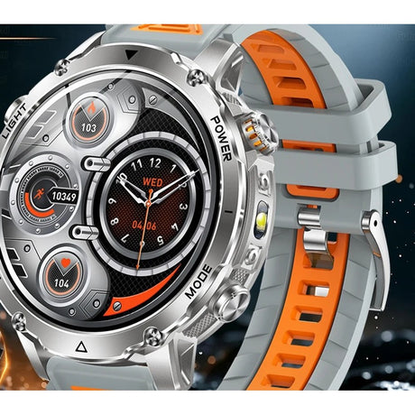 AK106 smartwatch with a grey silicone strap lined in orange