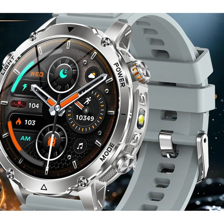 AK106 smartwatch with a light grey silicone strap