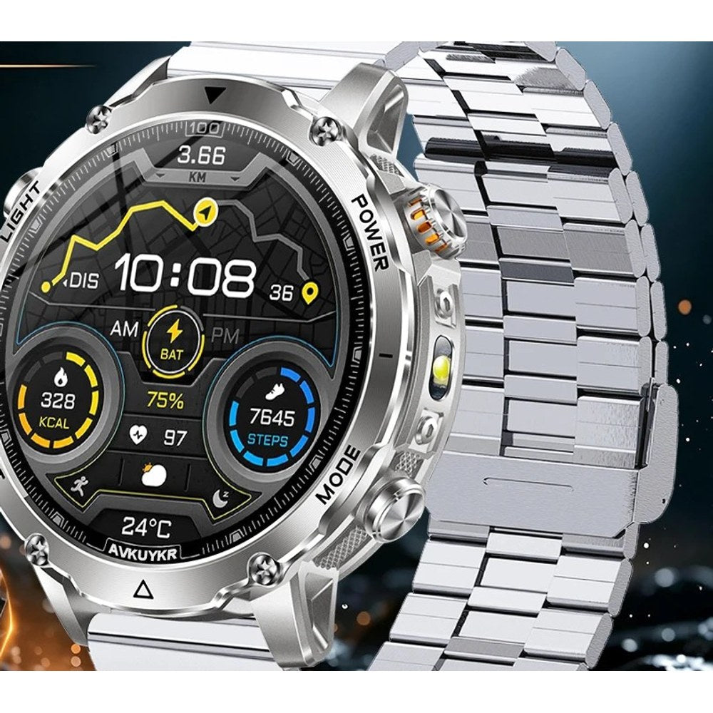 AK106 smartwatch with a silver flat-link steel bracelet