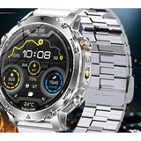 AK106 smartwatch with a silver flat-link steel bracelet