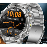 AK106 smartwatch with a silver steel link bracelet