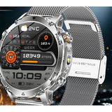 AK106 smartwatch with a silver stainless steel mesh strap