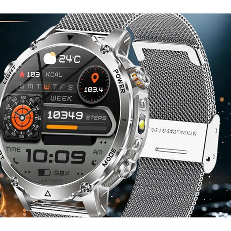 AK106 smartwatch with a silver stainless steel mesh strap
