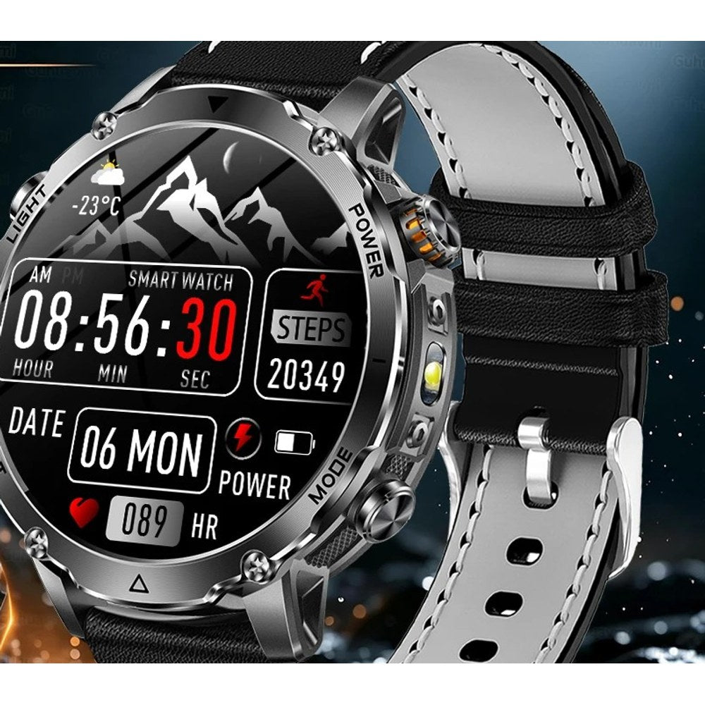 AK106 smartwatch with a black leather strap, white stitching and a light grey lining