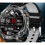 AK106 smartwatch with a black leather strap, white stitching and a light grey lining