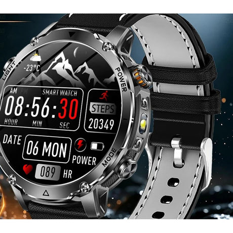 AK106 smartwatch with a black leather strap, white stitching and a light grey lining