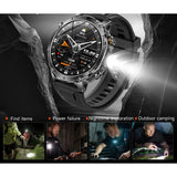 AK106 white LED torch switched on, with small scenes of the torch used outdoors, in a blackout and under a bonnet