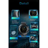 APACHE-D detail callouts: 304 stainless steel bezel, display, large buttons, magnetic charger and nylon strap