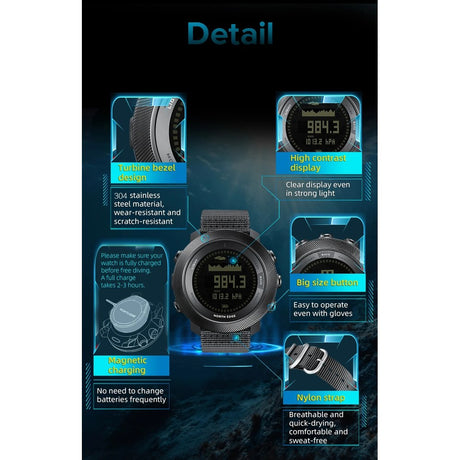 APACHE-D detail callouts: 304 stainless steel bezel, display, large buttons, magnetic charger and nylon strap