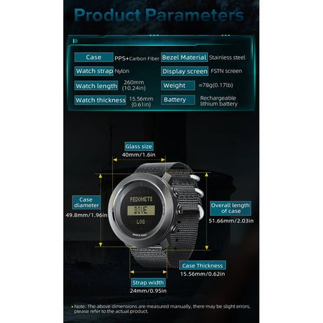 APACHE-D parameter panel and dimension drawing: 49.8 mm case, 15.56 mm thick, 40 mm glass, 24 mm strap