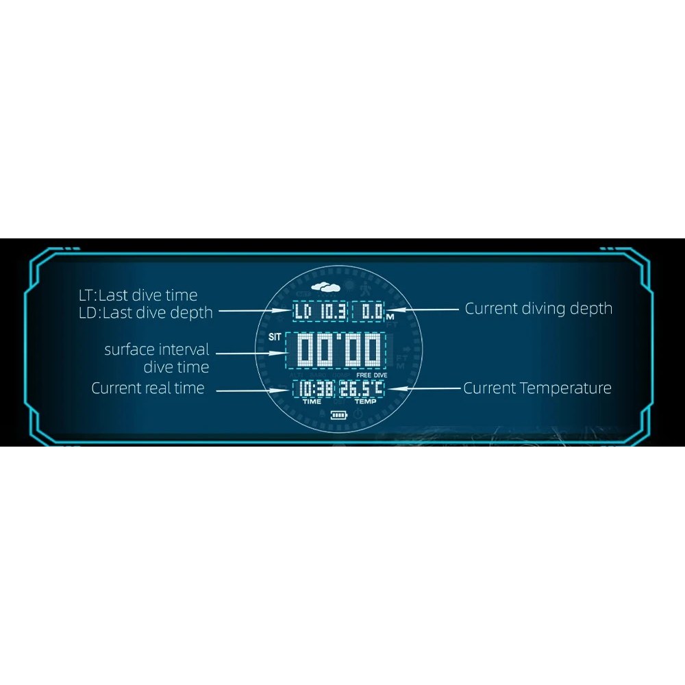 APACHE-D free-dive screen explained: last dive depth and time, current depth, dive time, time and temperature