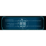 APACHE-D free-dive screen explained: last dive depth and time, current depth, dive time, time and temperature