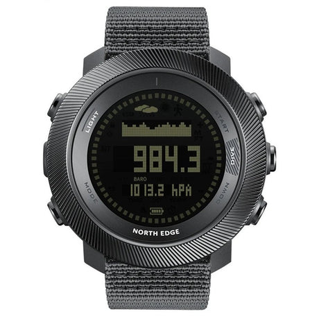 North Edge APACHE-D digital outdoor watch with the black display, dark grey case and grey nylon strap