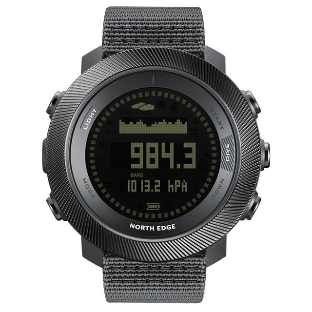 North Edge APACHE-D digital outdoor watch with the black display, dark grey case and grey nylon strap