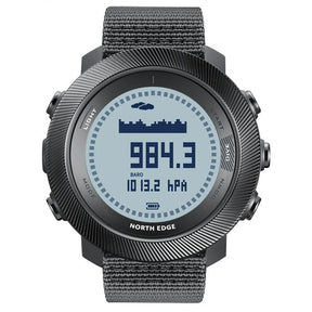 North Edge APACHE-D digital outdoor watch with the white display, dark grey case and grey nylon strap