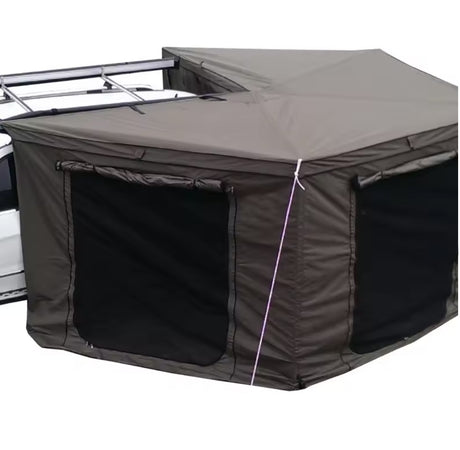 Olive-brown awning room zipped to a roof rack, mesh windows on two sides