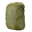 Army green backpack rain cover with a vertical reflective strip