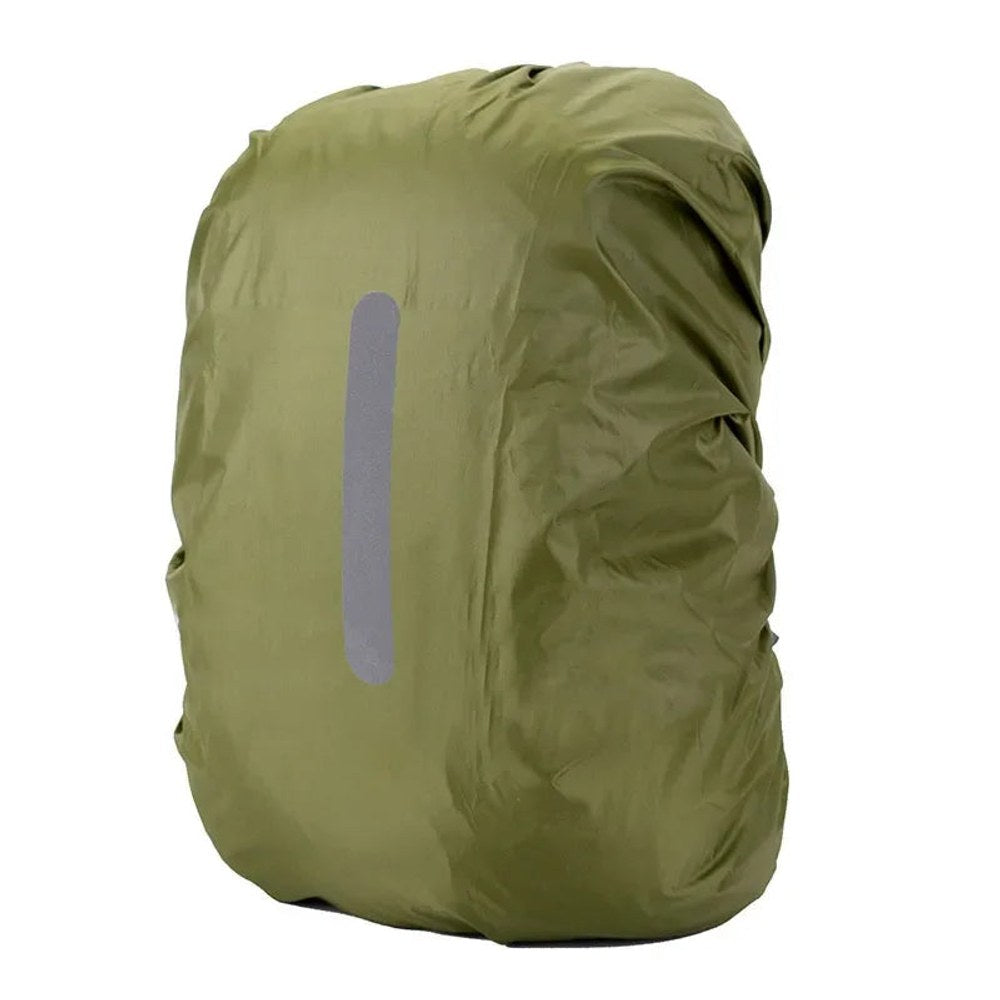 Army green backpack rain cover with a vertical reflective strip