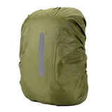Army green backpack rain cover with a vertical reflective strip