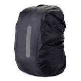 Black backpack rain cover with a vertical reflective strip
