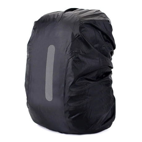 Black backpack rain cover with a vertical reflective strip