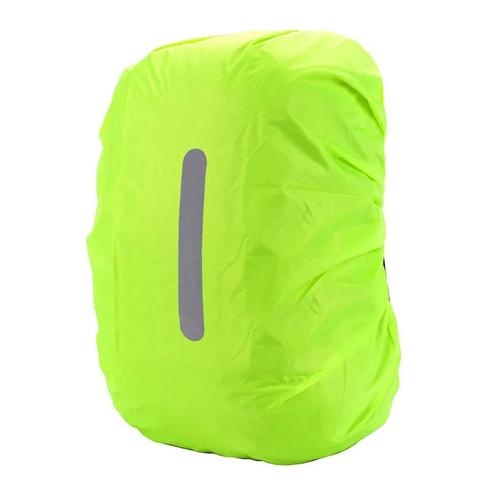 Fluoro green backpack rain cover with a vertical reflective strip