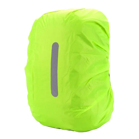 Fluoro green backpack rain cover with a vertical reflective strip