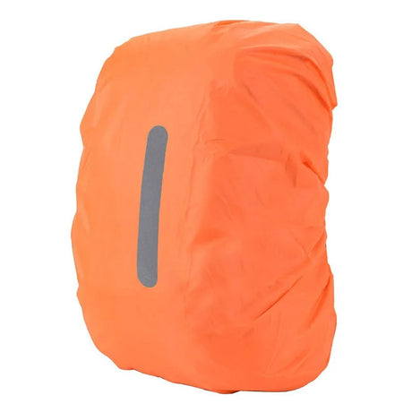 Orange backpack rain cover with a vertical reflective strip