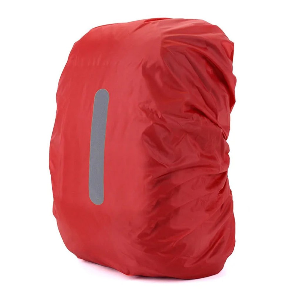 Red backpack rain cover with a vertical reflective strip