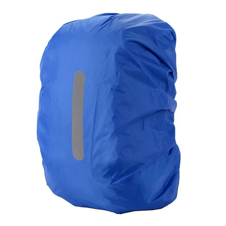 Royal blue backpack rain cover with a vertical reflective strip