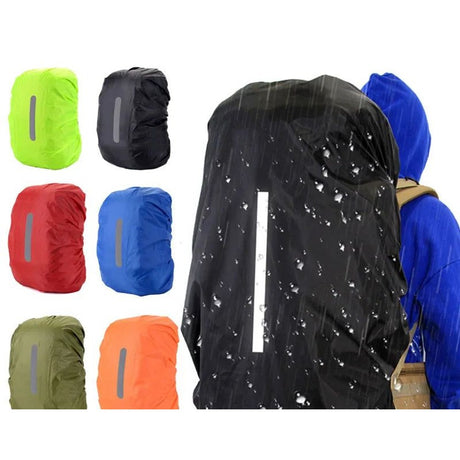 Backpack rain covers in six colours, and a black cover with a reflective strip fitted over a hiker's pack
