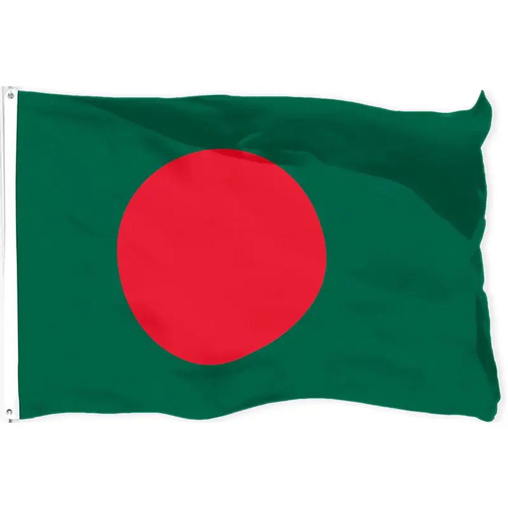 Bangladesh flag in printed polyester: red disc on green; white header strip with metal eyelets at left