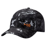 Bassdash camo fishing cap in black, grey and white digital camouflage with orange fishbone logo