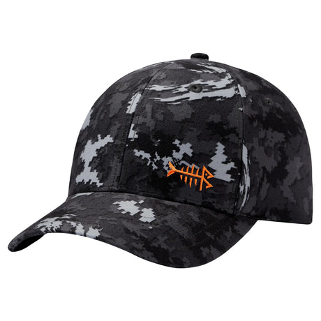 Bassdash camo fishing cap in black, grey and white digital camouflage with orange fishbone logo