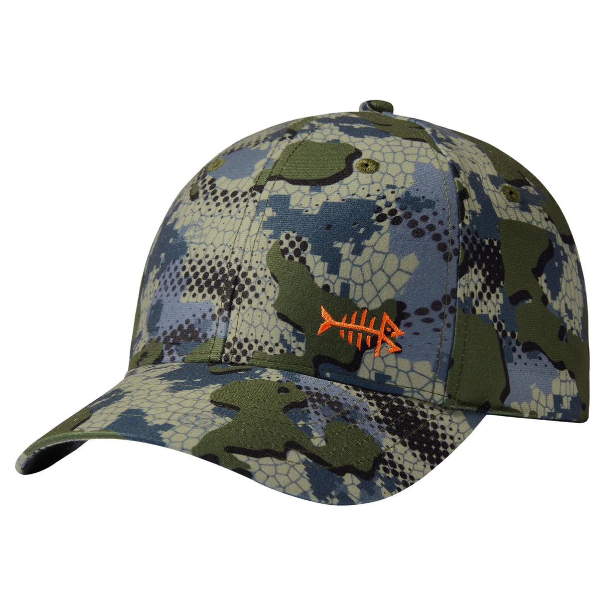 Bassdash camo fishing cap in blue-green snakeskin-textured camouflage with orange fishbone logo, angled front view