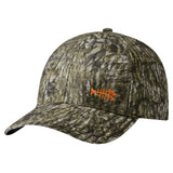 Bassdash camo fishing cap in dark brown tree bark camouflage with orange fishbone logo