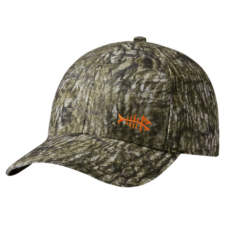 Bassdash camo fishing cap in dark brown tree bark camouflage with orange fishbone logo