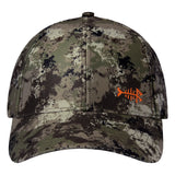 Bassdash camo fishing cap in green and brown blotch camouflage, straight-on front view showing the six-panel crown