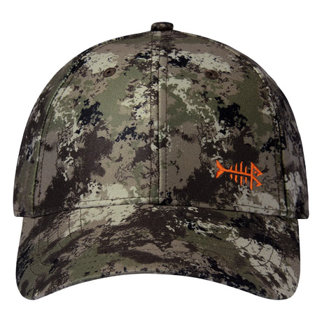 Bassdash camo fishing cap in green and brown blotch camouflage, straight-on front view showing the six-panel crown