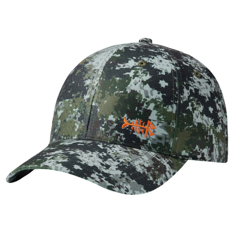 Bassdash camo fishing cap in green, black and white digital camouflage with orange fishbone logo