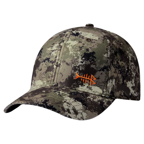 Bassdash camo fishing cap in green and brown mottled camouflage with orange fishbone logo, angled view