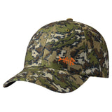 Bassdash camo fishing cap in green and tan digital blotch camouflage with orange fishbone logo