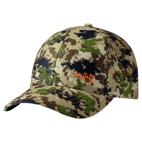 Bassdash camo fishing cap in green and tan pixel digital camouflage with orange fishbone logo