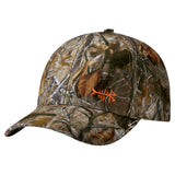 Bassdash camo fishing cap in brown leaf and branch woodland camouflage with orange fishbone logo