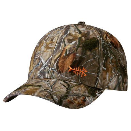 Bassdash camo fishing cap in brown leaf and branch woodland camouflage with orange fishbone logo