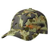 Bassdash camo fishing cap in olive and tan hex-textured camouflage with orange fishbone logo