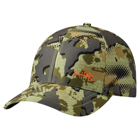 Bassdash camo fishing cap in olive and tan hex-textured camouflage with orange fishbone logo
