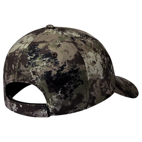 Bassdash camo fishing cap rear view showing the adjustable hook-and-loop back strap and open gap